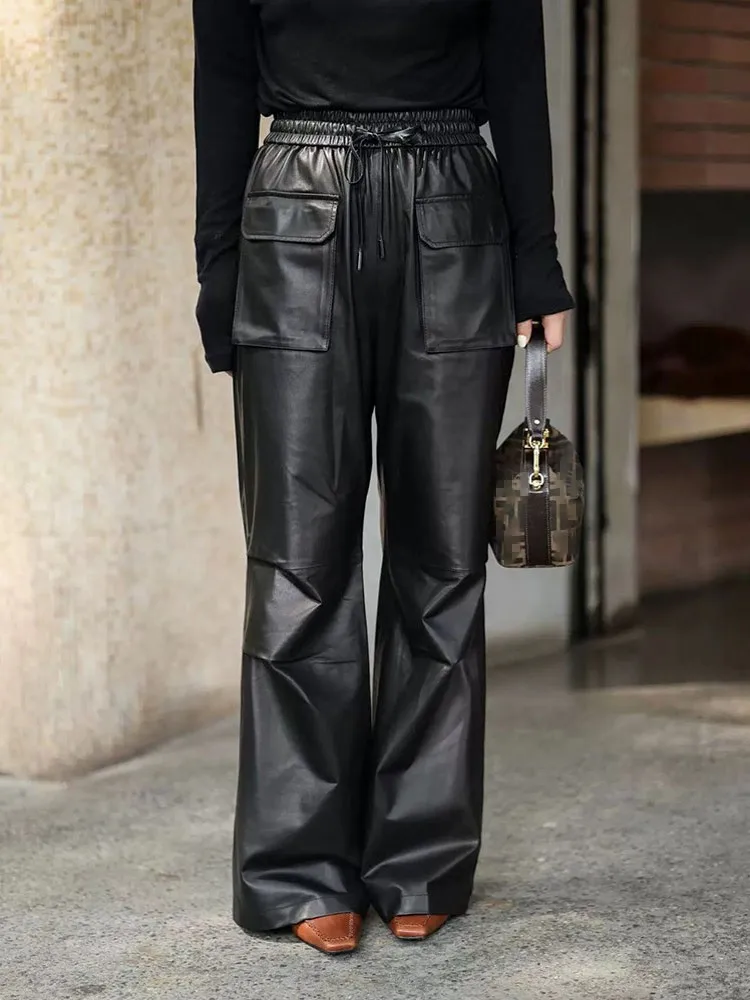 New Fashion Women Loose Fit Straight Wide Leg Pants Autumn OL Big Pockets Elastic Waist Sheepskin Genuine Leather Cargo Pants