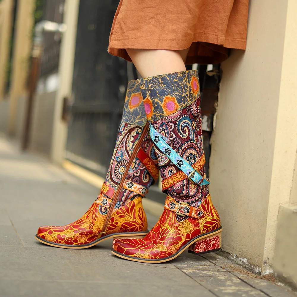 Socofy Raffan Genuine Leather Ankle Knee High Boots WomanBuckle Ladies Chunky Heels Long Boots