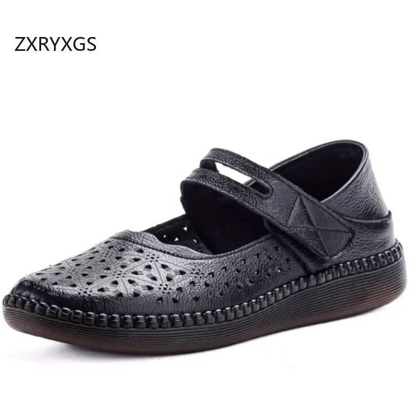 

ZXRYXGS New Soft hollow Cowhide Mother's Spring Summer Flats Breathable Soft Sole Comfortable Sandals Women's Trendy Shoes 2026