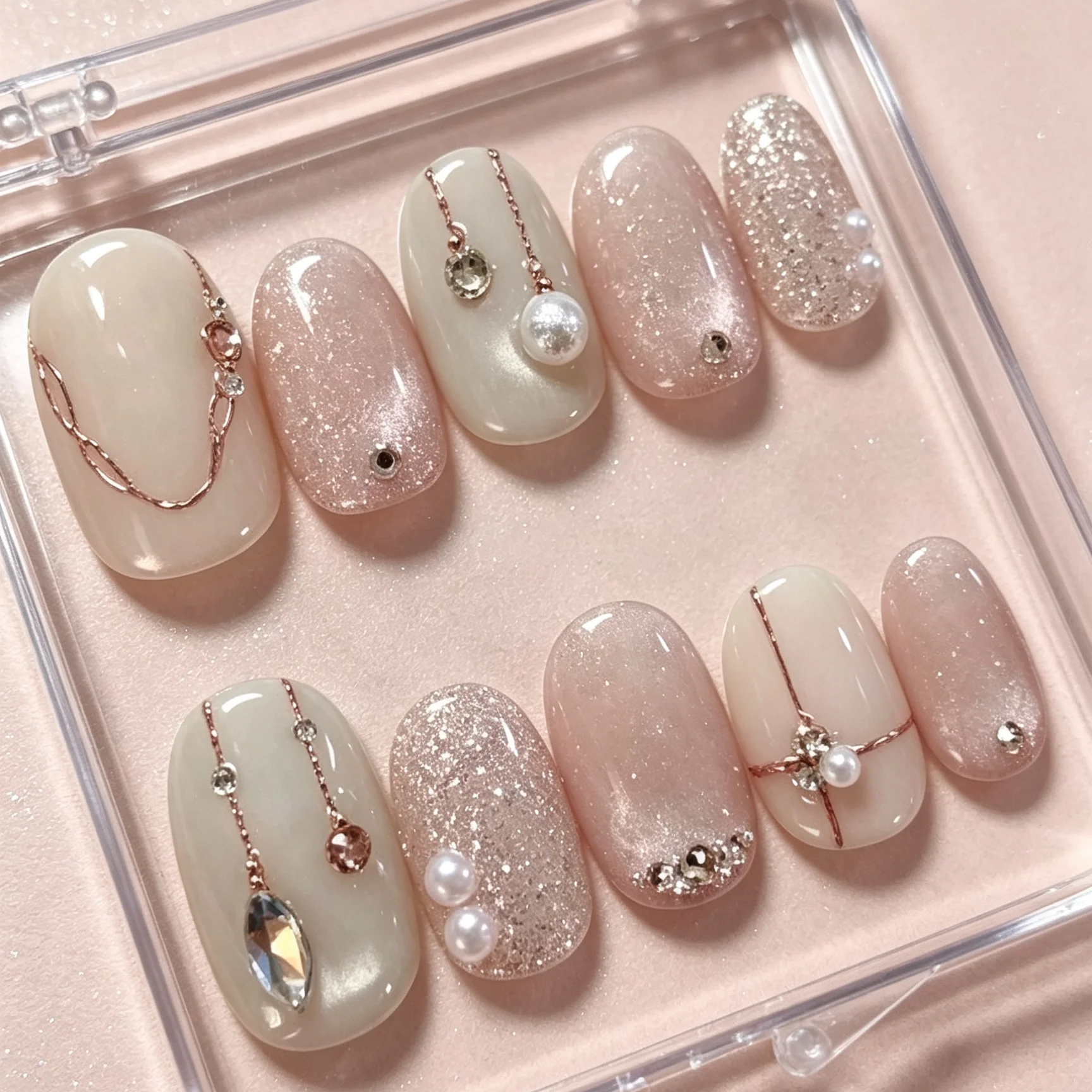 10 Pieces of Hand-Pressed Oval Nails, Beautiful False Nails with Bare Crushed Diamonds and Pearl Chains, Suitable for Women