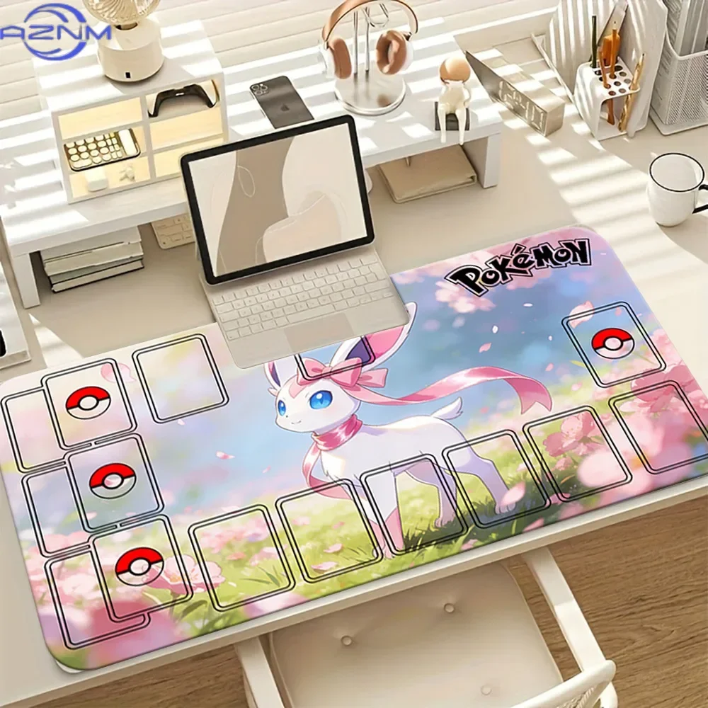 Sylveon Cherry Blossom TCG Playmat Large Mousepad, Rubber Non Slip Trading Card Game Desk Mat, Anime Table Pad with Game Zones f