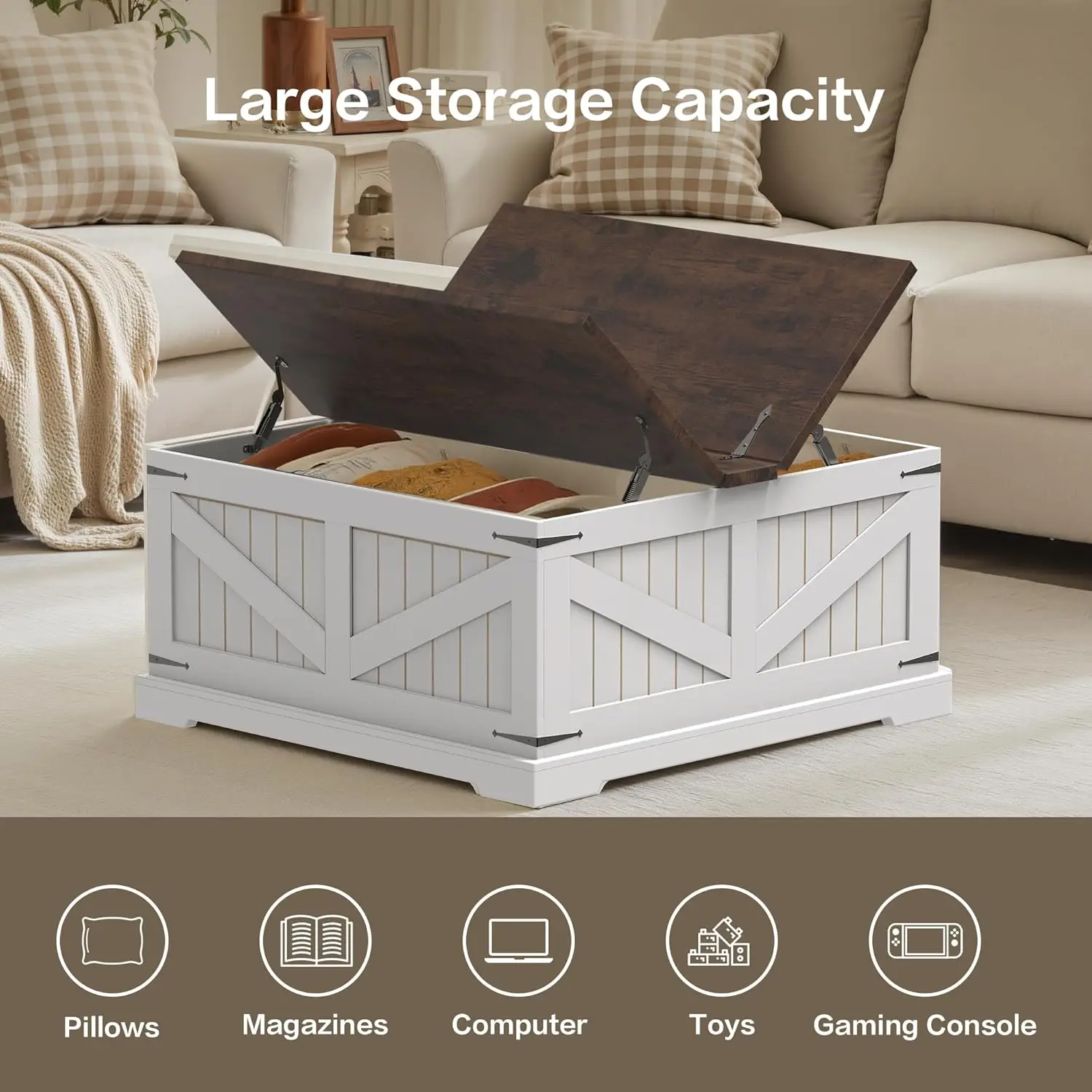 Farmhouse Coffee Table With Storage, 32" Square Wood Center Table With Dual Flip-Top Lids, Hidden Storage Compartme