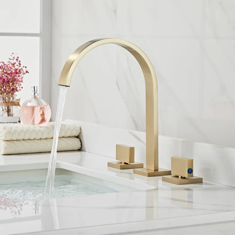 Brushed Gold Basin Faucet  Sink Tap Gold Square Brass Faucet Bathroom Sink Faucet 3 Hole Double Handle Hot And Cold Water Tap