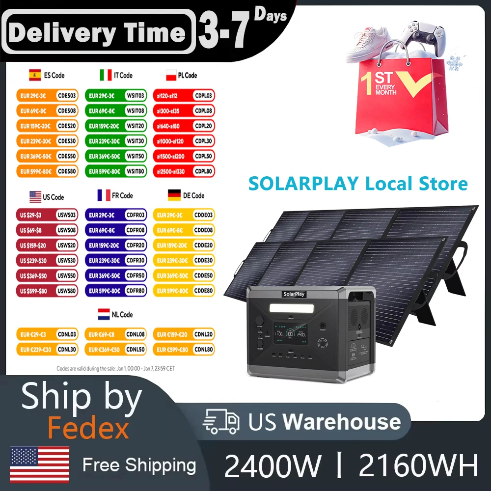 2400W/2160Wh Portable Power Station With Solar Panel Solar Generator with 4 AC Outlets (4800W Peak) Power Generator For Home Use