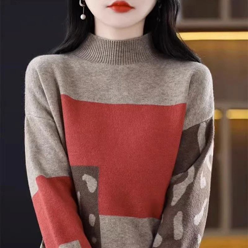 Fashion Stand Collar Spliced Casual Color Sweaters Women Clothing 2023 Winter Loose Knitted Korean Pullovers Commuter Tops