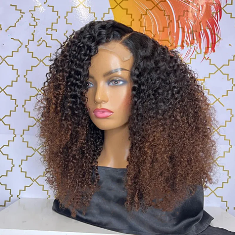 Soft 180Density 26inch Ombre Brown Glueless Long Kinky Curly Deep Lace Front Wig For Black Women With Baby Hair Preplucked Daily