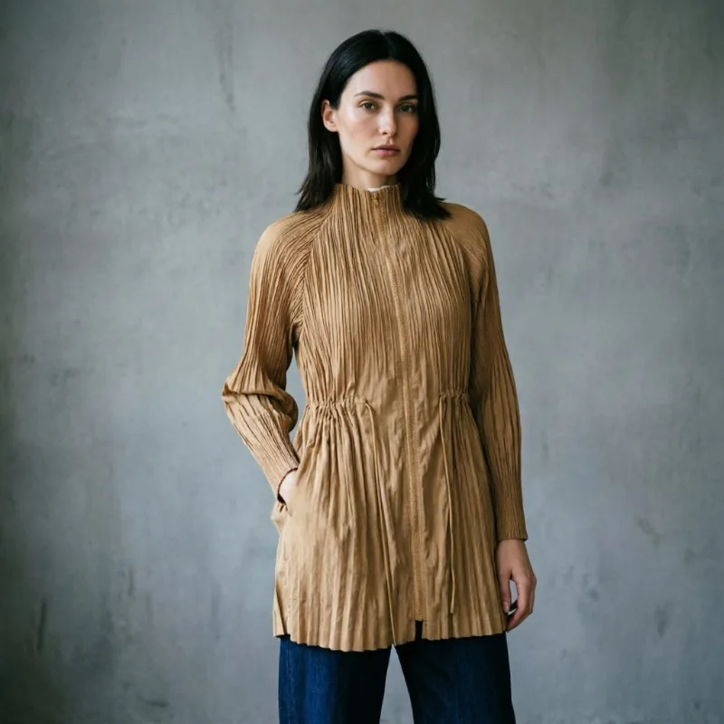  Pleated Trench Coat 2026 Autumn New Popular Solid Mid-Length Drawstring Coat Casual Elegant Versatile Women's Outerwear