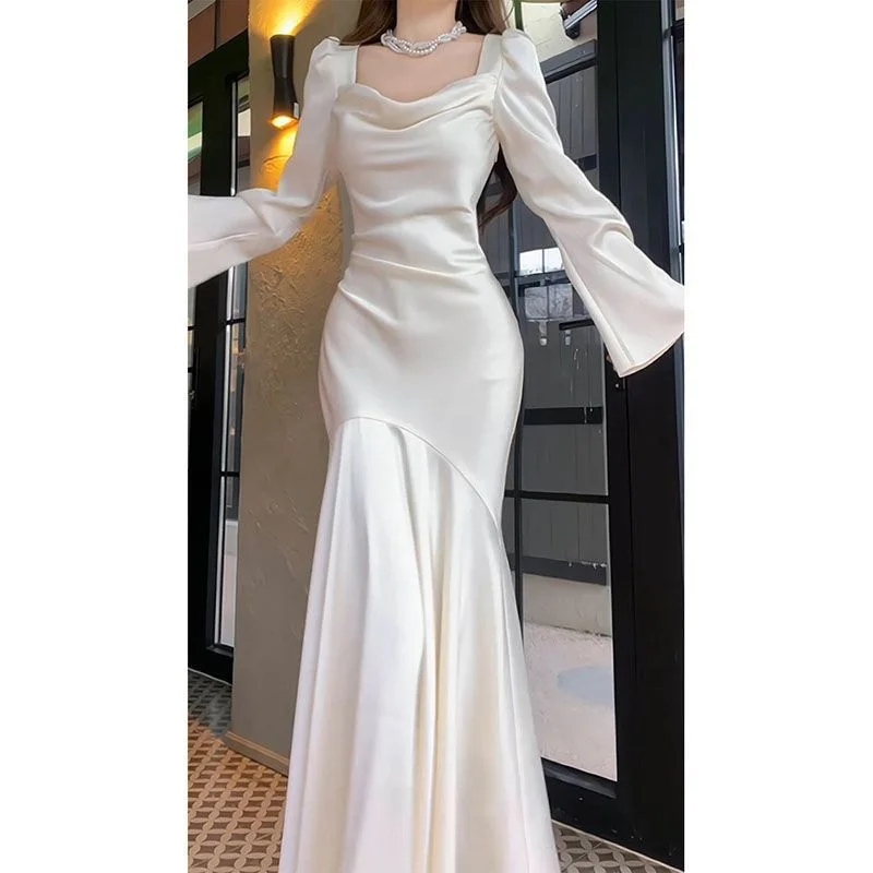 

French Style Long Sleeve Fishtail Women's Early Autumn New Simple Satin Certificate Engagement Temperament Ladies Formal Dress