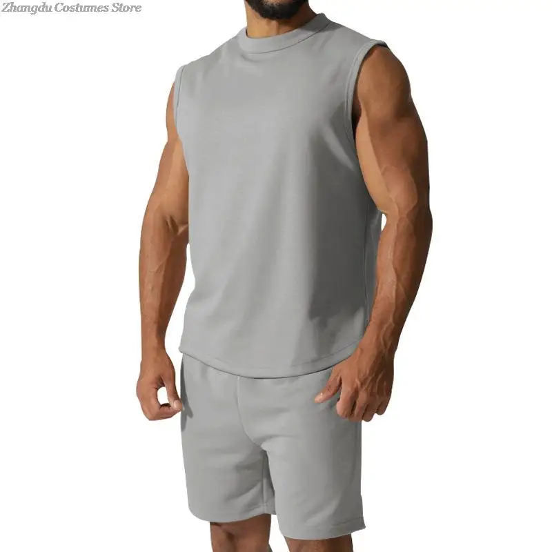 Male Summer Ythin Casual Sleeveless Vest Shirts Pants 2 Piece Set Men Gym Workout Sleeveless Tank Tops Shorts Set