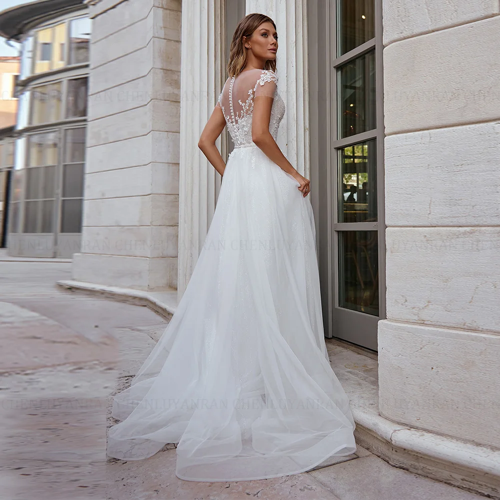 Robes de mariée Boho pour femmes, appliques en dentelle, robe de mariée en tulle, quelle que soit la ligne A, torsion nuptiale, train de balayage, robe éducative, 2024