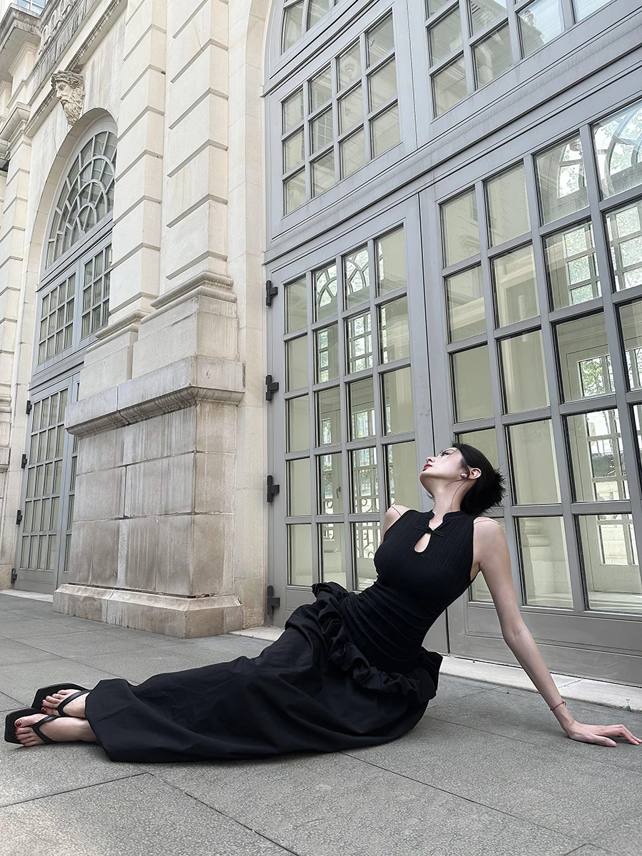 RORORIRI Retro łączona wzburzona bufiasta długa sukienka Maxi damska bez rękawów solidna dzianina wycięcie czarna Cheongsam neo-chińska suknia wieczorowa