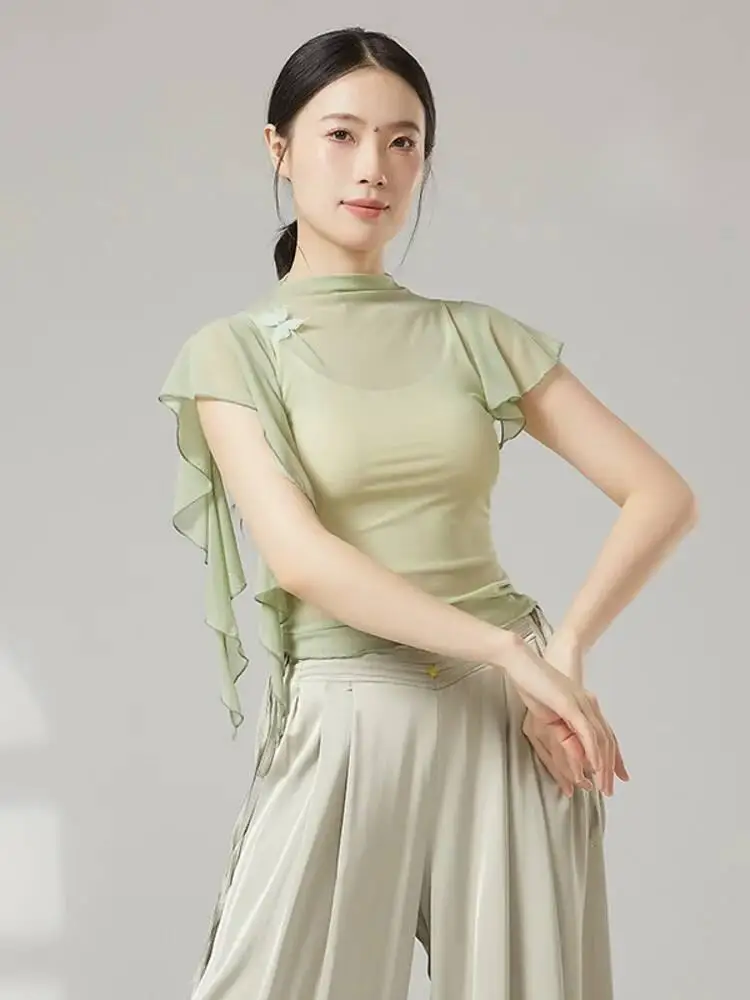 솔리드 컬러 슬림 피트 프릴 슬리브 메쉬 탑 여성용 현대 무용 의상 재즈 현대 무대 공연 연습 셔츠