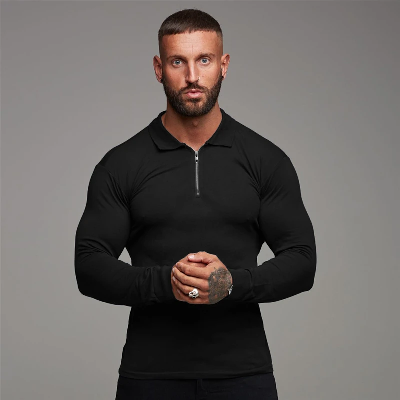 Autumn Winter Fashion Zip Collar Long Sleeved Workout Muscle Polo Shirt Gym Fitness Training Men Slim Fit Breathable Cotton Tops