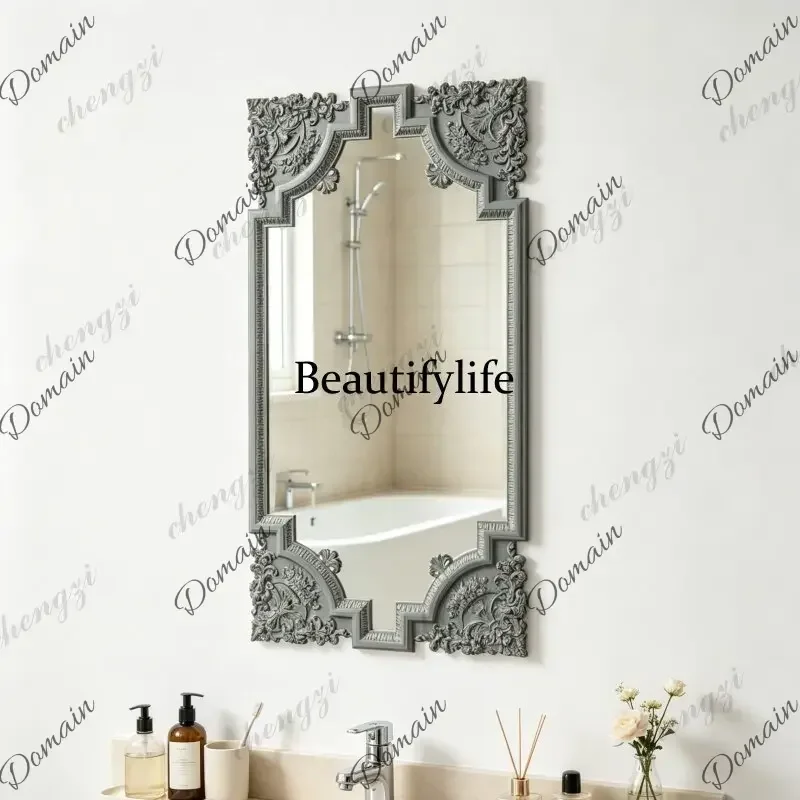 YFC European retro carved makeup mirror light luxury rectangular frame wall-mounted decorative mirror household bathroom mirror