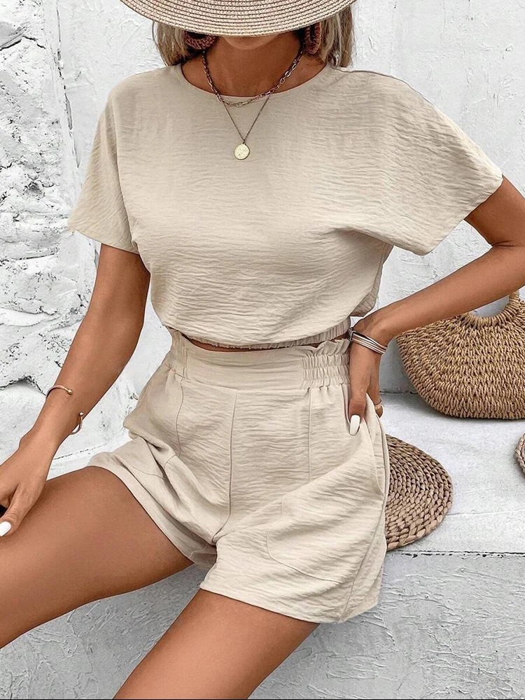 Women Summer Casual Short Suit Loose Comfortable O-neck T-Shirts And  Elastic Waist Shorts Female Fashion Steetwear Suits sales