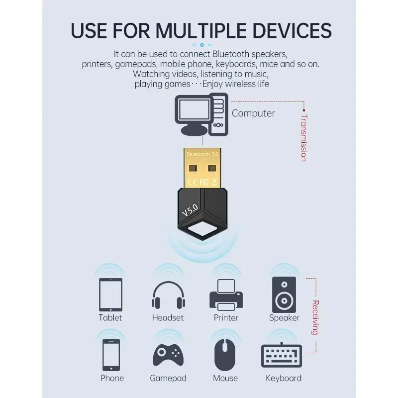 

USB Dongle Bluetooth 5.0 Adapter Receiver Wireless Low Latency Music Mini Bluthooth Transmitter For PC/File Transfer