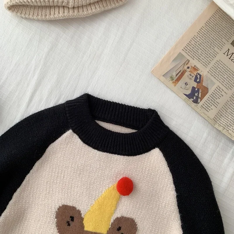 Children Sweater 1-7Years Kid Boy Girl Long Sleeve O-Neck Patchwork Cartoon Pattern Pullover Jumper Knitwear Fall Winter Clothes