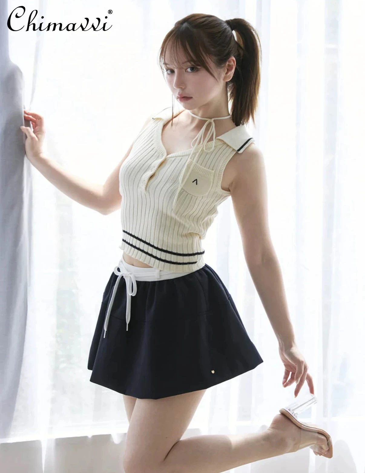 

Japanese Sweet Turn-Down Collar Braided Sleeveless Knitted Vest New 2025 Summer Sexy Cute Girl Slim Fit Elegant Women's Top