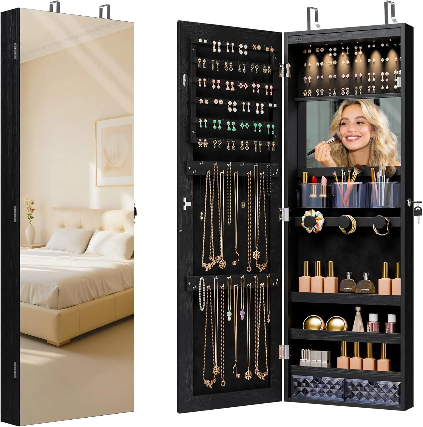 

Mirror Jewelry Cabinet,Lockable Wall or Door Mounted Jewelry Armoire Organizer With Built-up Mirror