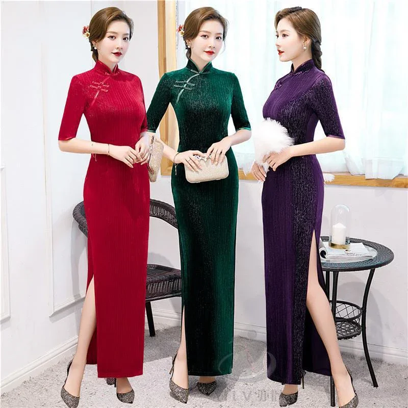 Chinese Style Cheongsams women wedding solid color tight sexy qipao split long dresses elegant costumes middle sleeve clothes