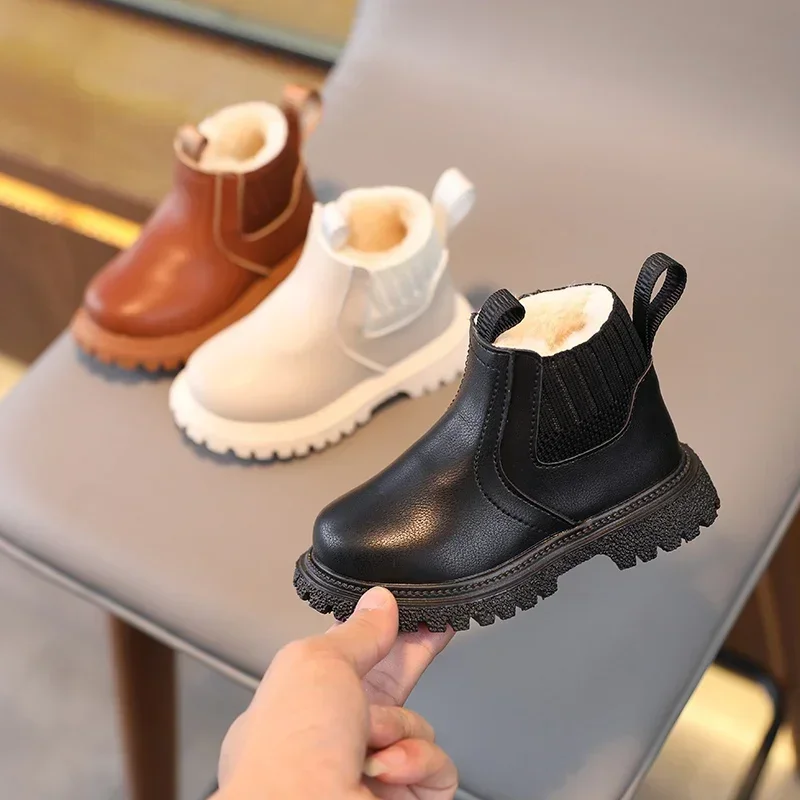 Winter Kids Boys Girls Fashion Boots British Style Zipper Velvet Warmth Non-Slip Short Boots Anti-slip Children Leather Shoes