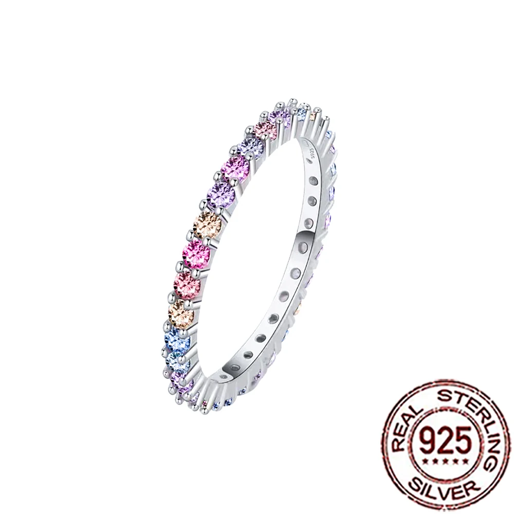 

QooLady 925 Sterling Silve Dainty Sparkling Multicolor Zircon Stackable Rainbow Rings for Women Trendy Fine Jewelry SR114