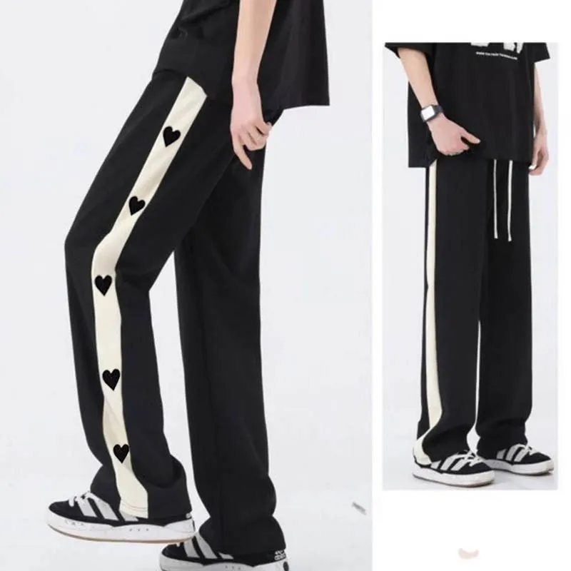 2024 new love print wide leg pants male and female students Korean version of loose casual all straight leg black pants