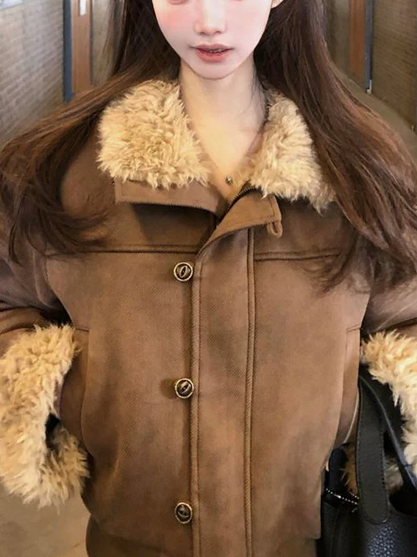 

Ретро-пальто из замши с отделкой из овечьей шерсти для женщин: свободный крой, приталенный силуэт, теплый, с отложным воротником, длинный рукав, осень-зима