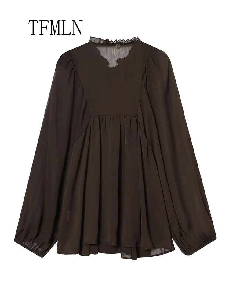 เสื้อเบลาส์ผู้หญิงทรงหลวมแบบมีชั้นสำหรับฤดูใบไม้ผลิ/ฤดูร้อน ปี 2026 ดีไซน์หรูหรา แขนยาว ผ้าบางเบา ติดกระดุมแถวเดียว แต่งระบาย