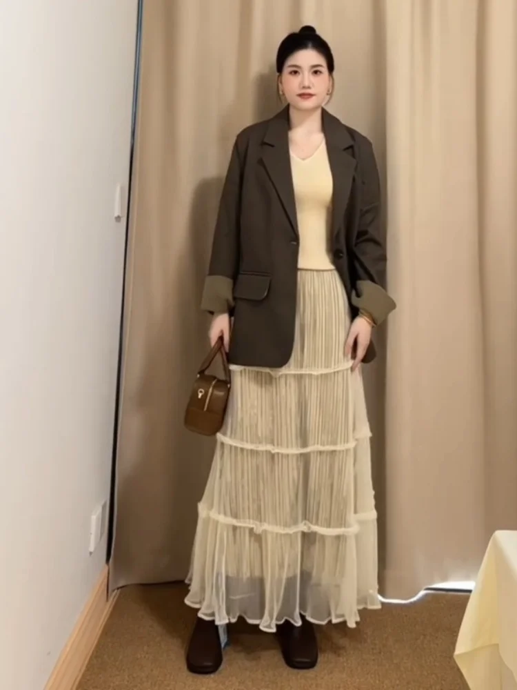 

Korean Sle Aosphere Sensation Women's Unique Suiting Jaet Beautiful Two-Piece Winter Faion Set High Waist Skirt