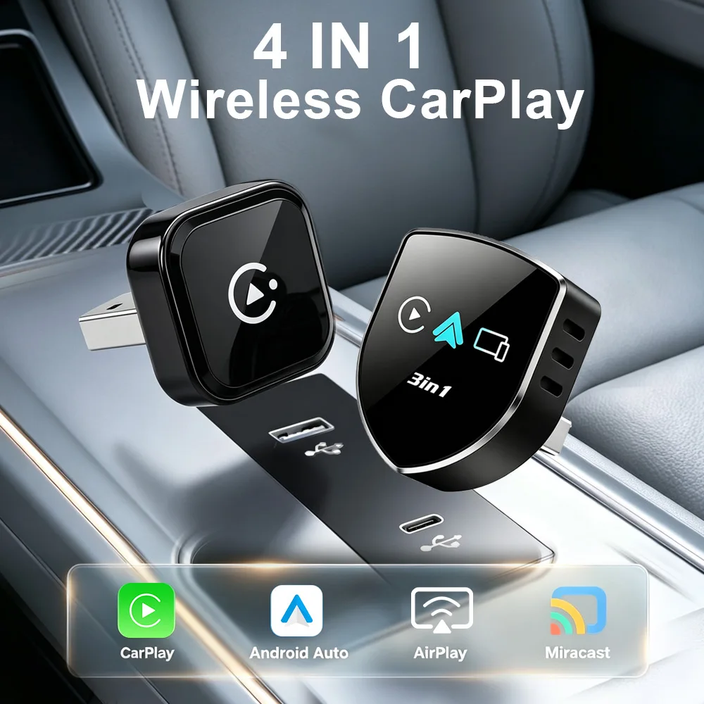 2026 Wireless Carplay Adapter 4In1 Android Auto Connect Airplay Mirror Link Screen USB Plug Play for Apple and Android CarPlay