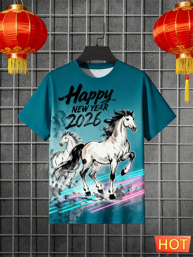 سنة جديدة سعيدة 2026 رسائل الحصان نمط تي شيرت الموضة العصرية الرجال النساء قصيرة الأكمام ثلاثية الأبعاد تي شيرت مطبوع عادية المتضخم تيز