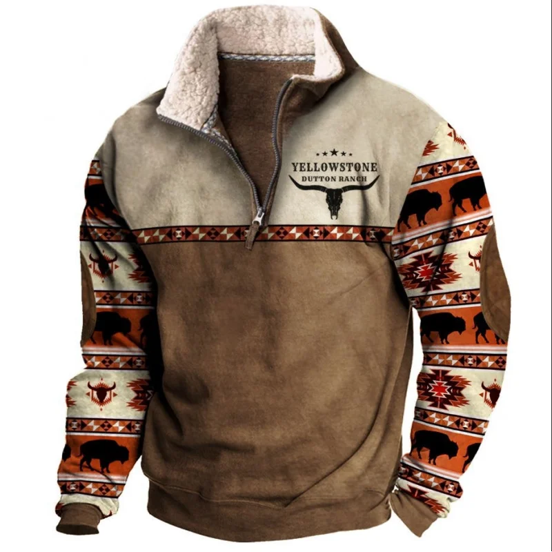 Digital Printing Autumn and Winter New Men's Long Sleeve Stand Collar Half Zip Sweater Collar Fleece-lined