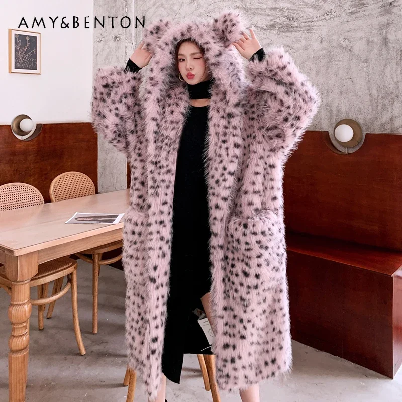 Black And White Leopard Pink Green Faux Fur Long Loose Cartoon Ears Hooded Furry Coat Women's Clothing Lamb Wool Pocket Jacket