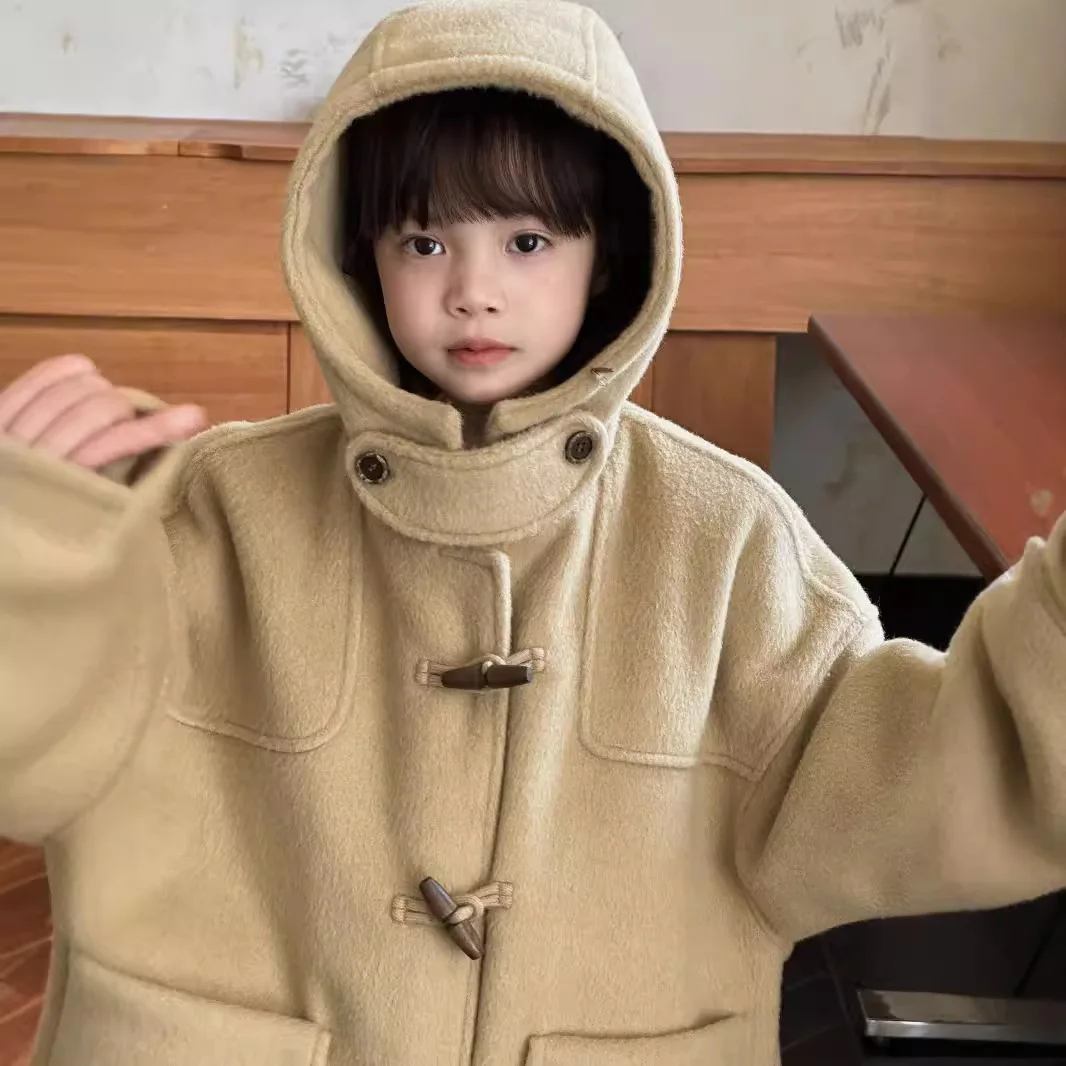 Girls Wool Long Coat 2024 Girls Autumn Winter Loose Hooded Coat Kids Korean Chic Horn Button Padded Woolen Coat Fashion