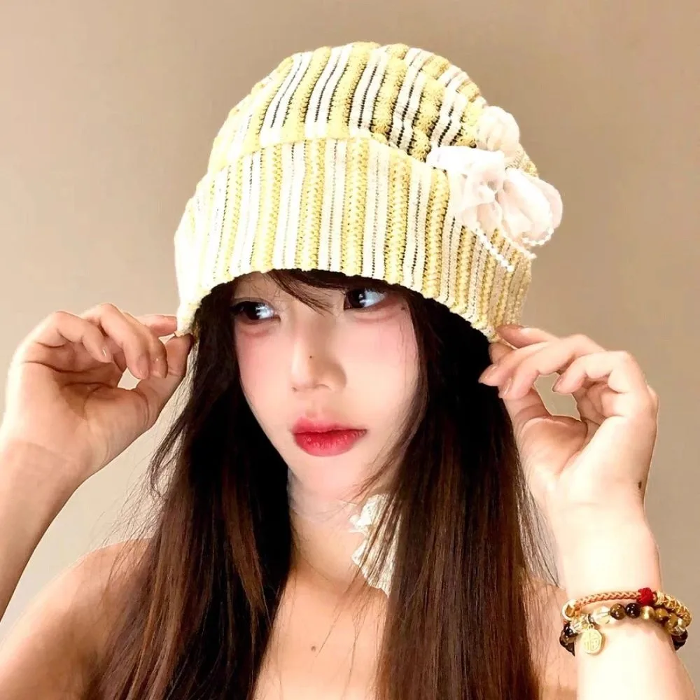 

Fashion Korean Style Flower Pullover Hat Sweet Thin Beanies Hat Hollow Out Breathable Knitted Hat Apparel Accessories