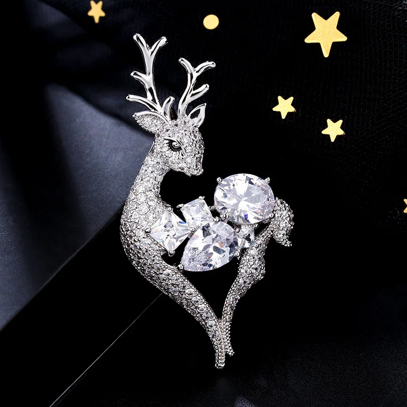 Korean crystal zircon deer brooch women's coat suit simple cardigan buckle pins jewelry