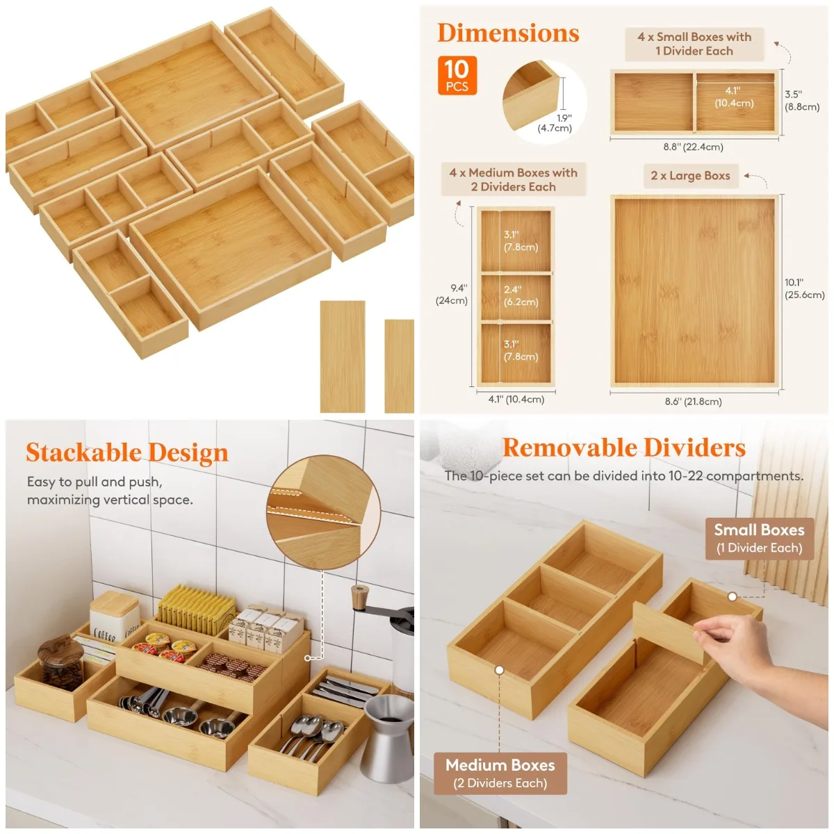 

10 Pack Adjustable Bamboo Drawer Dividers with 12 Inserts, Stackable Storage for Kitchen, Bathroom, Office, Vanity