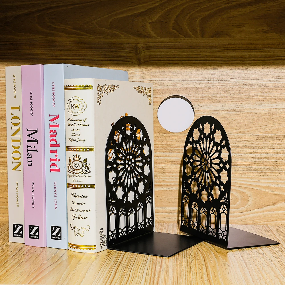 Gothic Metal Bookends Vintage Stained Glass Window Design for Book Lovers Home Library Study Decor Halloween Gift