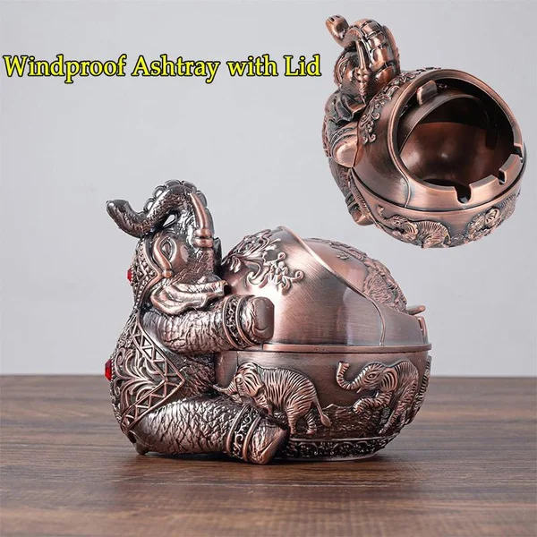 Elephant Decorative Ashtray With Lid For  ettes Metal Smoking Ashtray Holder For Smoker Windproof  ettes Ashtrays  Gift Ornament