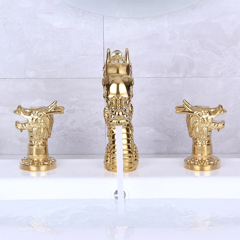 Dragon Basin Faucets Bathroom Sink Faucet Gold Brass 3 Holes Double Handle Bathbasin Bathtub Tap Hot And Cold Mixer Water Faucet