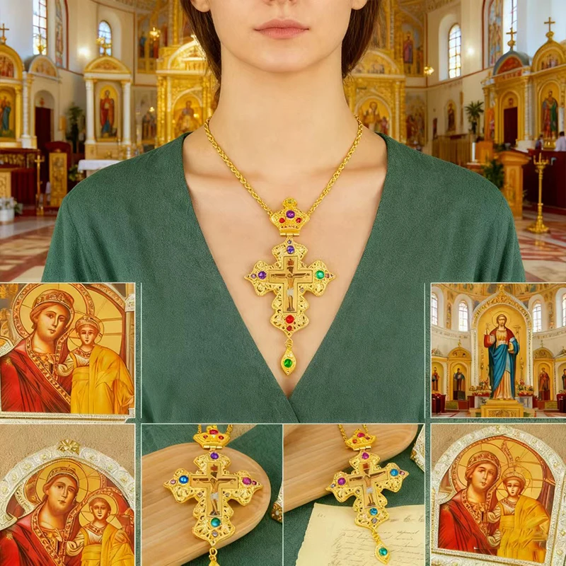 Luxuriöse Orthodoxe Pektoralkreuz-Halskette, vergoldet mit violetten Kristallakzenten, Kruzifix-Ikone für Priesterliturgie & Andacht – Detail 3