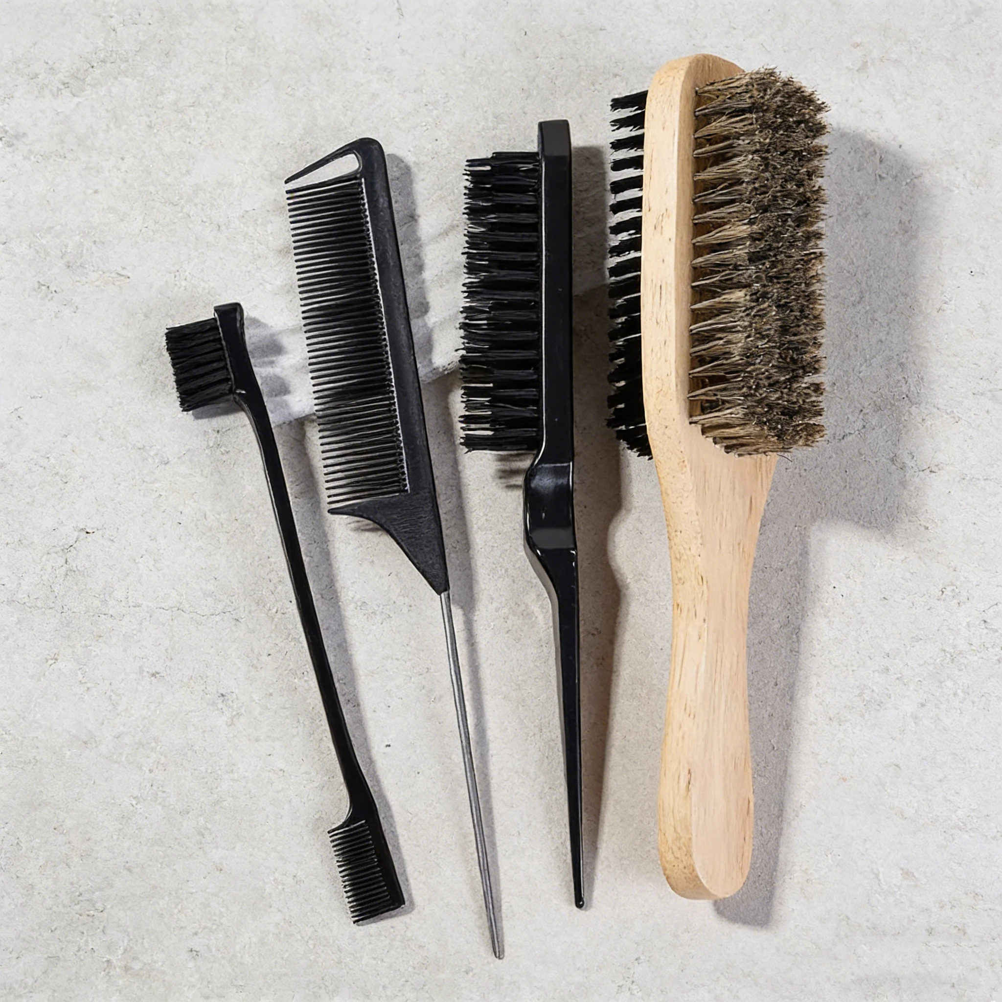 4-piece comb set with double-sided hair brush, pointed tail comb, hair brush, and edge control brush