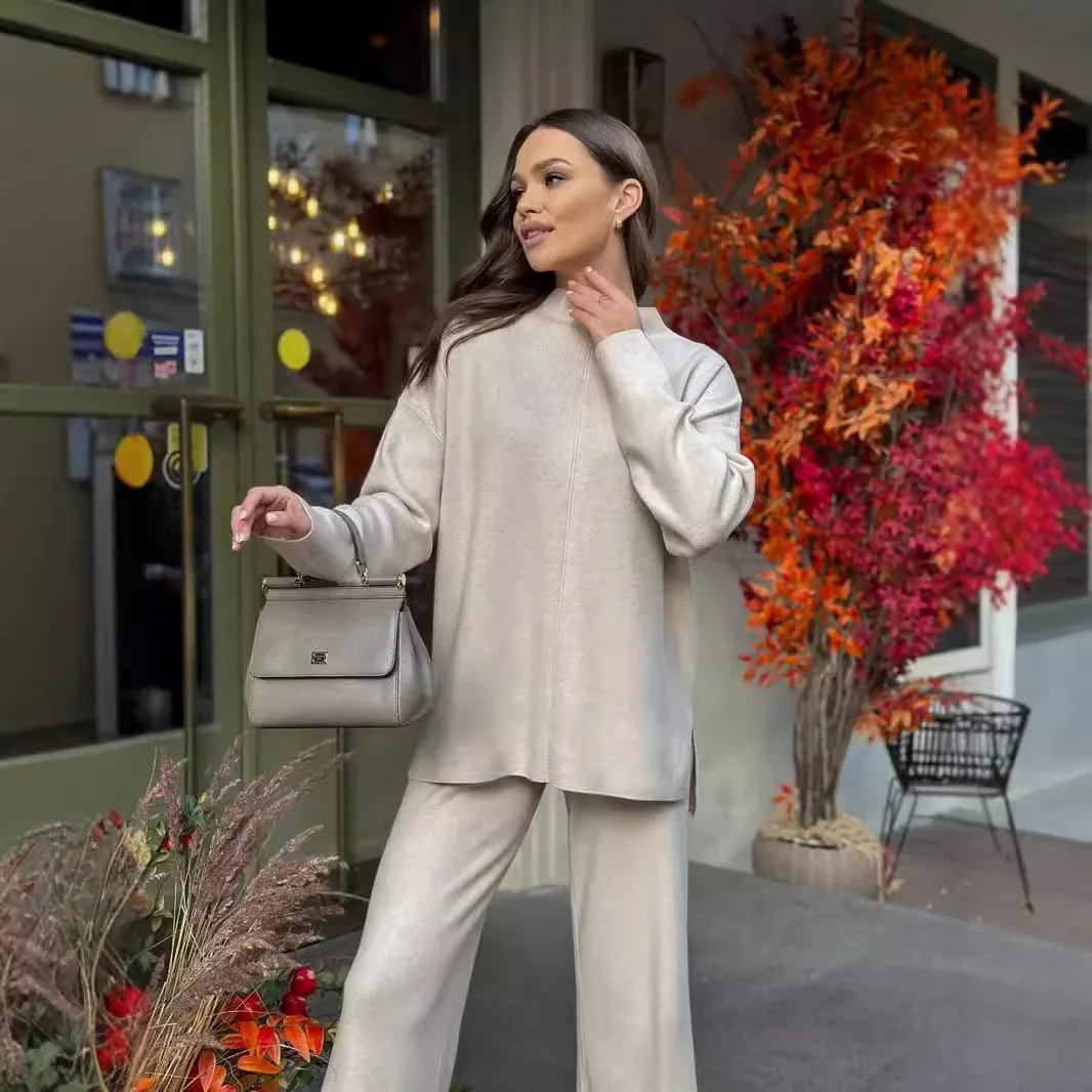 أنيقة بسيطة سترة السراويل مجموعات النساء بلون الشق البلوز البلوزات محبوك بنطلون قطعتين مجموعة مزاجه الملابس