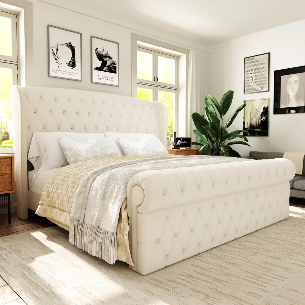 

Upholstered Sleigh Bed Frame with 52" Tall Wingback Headboard, Noise-Free, Soft Chenille Fabric, Anti-Collision Rolled Top