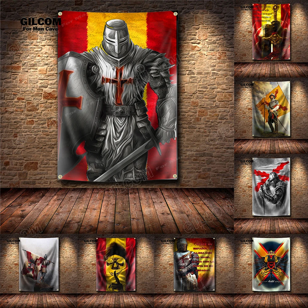 Spain The Knights Templar  Banner Flag The Cross Of Burgundy  Poster Wall Art Decor AD Vintage Sign Man Cave Garage Pub Club Bar