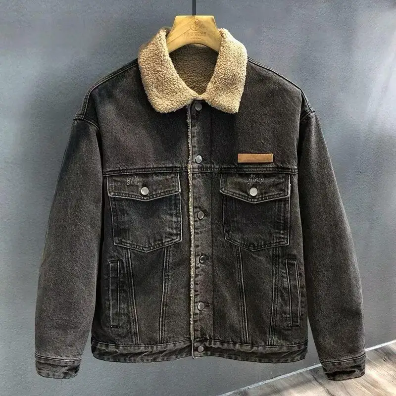 

Мужское джинсовое джинсовое пальто с подкладкой в стиле ретро, зимнее износостойкое свободное бархатное теплое хлопковое пальто с ягненком