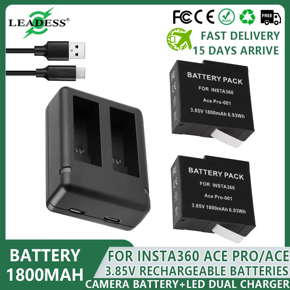 For Insta360 Pro/Ace 1800mAh Battery+LED Dual Charger for Insta360 Ace Pro Rechargeable Li-ion Battery Action Camera Accessories