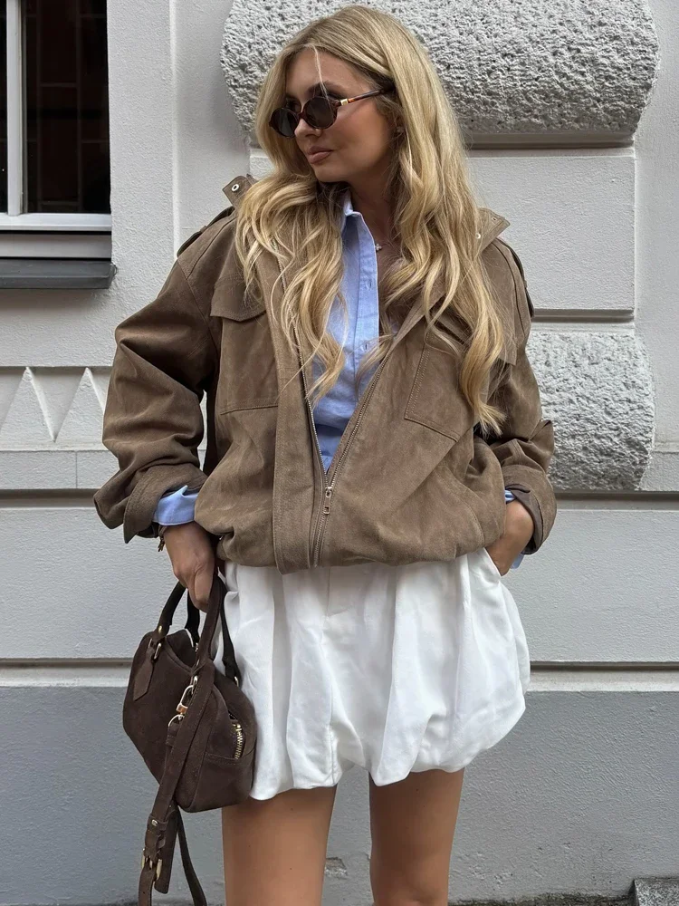

Zipper Pocket Long Sleeve Female Moto Style Streetwear 2025 Fashion Women Solid Suede Textured Jacket Casual Stand Collar