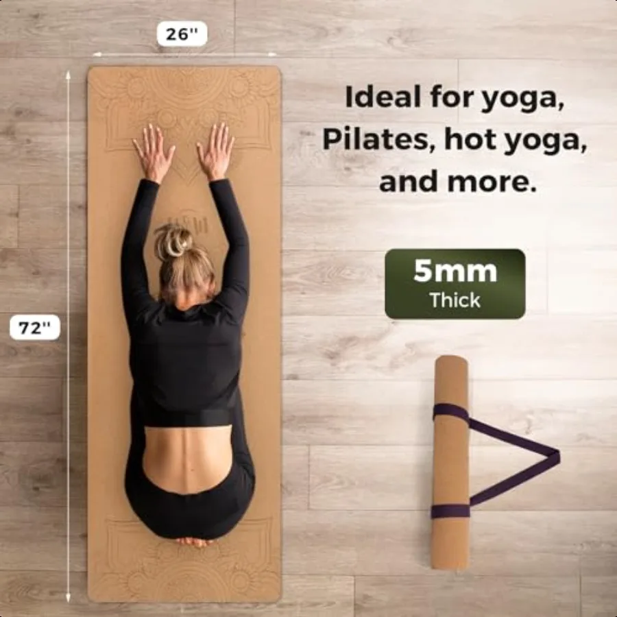 بساط يوجا من الفلين غير قابل للانزلاق يقاوم العرق والروائح بساط تمرين مع حزام حمل لليوجا الساخنة وأرضية البيلاتس والتدريبات اللياقة البدنية #2